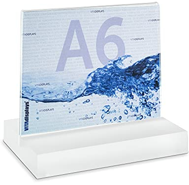 VITAdisplays Espositore pubblicitario in formato DIN A6 in formato orizzontale con base massiccia, satinata, supporto a T, supporto a T come espositore da tavolo