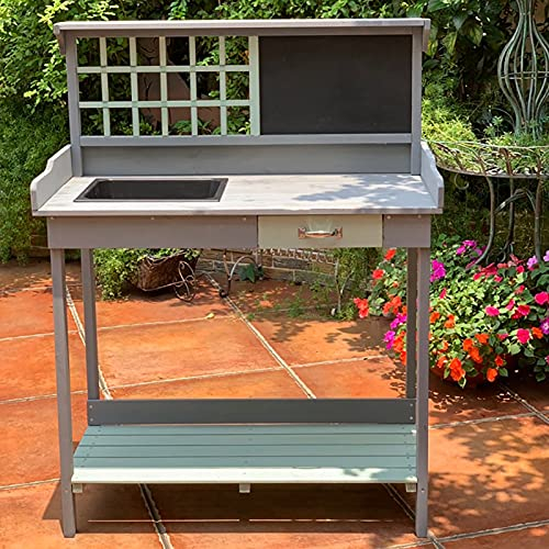 QLLL Tavolino per Piante Esterno, Tavolo ​da Lavoro per ​Giardinaggio, Tavolo da Giardinaggio con Lavagna e Lavello, Banco da Lavoro per Giardinaggio Tavolo per Piantare con Cassetto, Ripiano Aperto