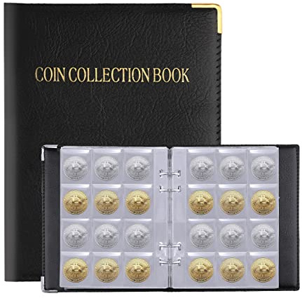 AIEX 10 Seiten/120 Hüllen Münzsammelalbum Scheine mit Leder-Hardcover Schwarz Strapazierfähig Münzen Aufbewahrung Album Penny Münzbuch für Sammler (Taschengröße: 4x4cm)