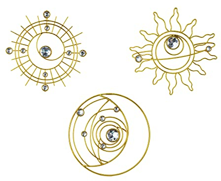 Manortang 3 Stück 22,9 cm Metall abstrakte Sonne Mond Stern Kunst Wanddekoration, moderne Drahtlinie Kunst Dekorationen, verzierte Goldfolie Kunst, mystischer Stern Kreis Planet handgefertigte