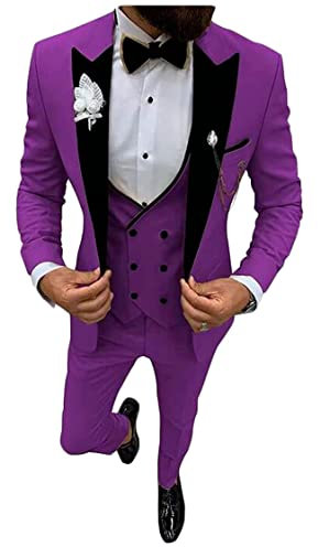 Costume 3 pièces à revers cranté pour homme - Smoking à simple boutonnage - Pour mariages, affaires et loisirs - Gilet, veste et pantalon, violet, 102