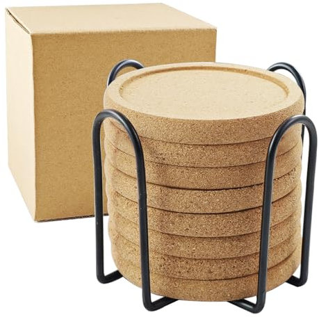 HILELIFE Cork Coasters for Drinks - Set of 8 With Holder, Reusable Blank Coasters for Crafts