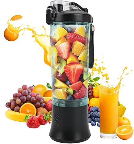 Tragbarer Smoothie Maker Mixer, 600ML Standmixer für Smoothies, Saft und Shakes, Portable Mini Blender mit 6 Edelstahlmesser, USB Persönlicher Obstmischmaschine, BPA-frei (Schwarz)