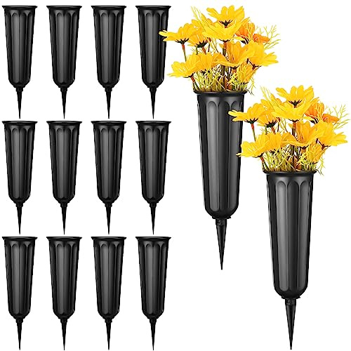 12 Pcs Cemetery Vases with Spikes Plastic Memorial Floral Grave Flower Holder Cone In Ground Vases with Stakes for Lawn Headstone Graveside Decoration Artificial Fresh Flowers(Black)