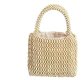 CORIOS Damen Gewebte Handtasche Openwork Tragetasche Holz Perlen Henkeltaschen Böhmische Tote Beutel Retro Eimer Taschen Sommer Strand Tasche Reise Urlaub Strand Gestrickte Tasche Weiß