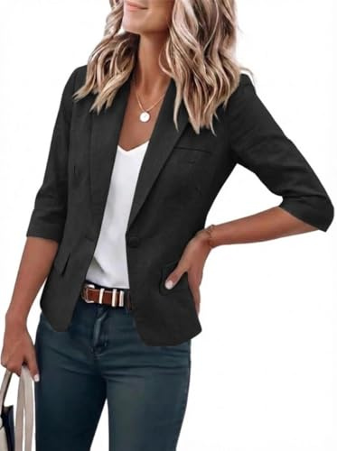 IDEALSANXUN Blazer court pour femme en mélange de coton, veste légère décontractée à manches 3/4 pour printemps et été