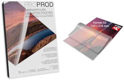 ProProd Premium Laminierfolien, 100 Stück, A4, 2 x 100 Mikrometer & Albyco A5 Laminierhülle, Laminierfolie, glänzend