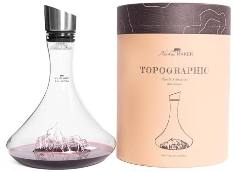 Caraffa per decantare il vino, 1,8 l, borosilicato di alta qualità, soffiato artigianalmente con montagne in rilievo, tappo 3 in 1 (filtro, aeratore e beccuccio) (Mount Blanc)