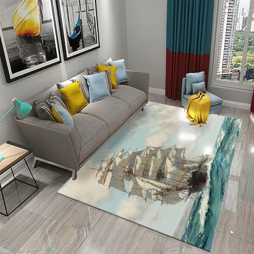 3D Ölgemälde Segelboot Sonnenuntergang Meereslandschaft Landschaft Kinder Jugendliche Jungen Teppich Schlafzimmer Dekoration Kinderzimmer Wohnzimmer, Krabbelmatte Modern Weichem Flanell Kinder -8Q5U3D