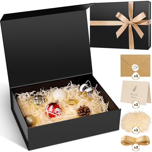 Geschenkbox, 2 Stück, 33 x 25,4 x 12,7 cm, große schwarze Geschenkbox mit magnetischen Deckeln für Bithday-Geschenkbox, enthält Karte, Band, geschreddertes Papierfüller, Geschenkbox für