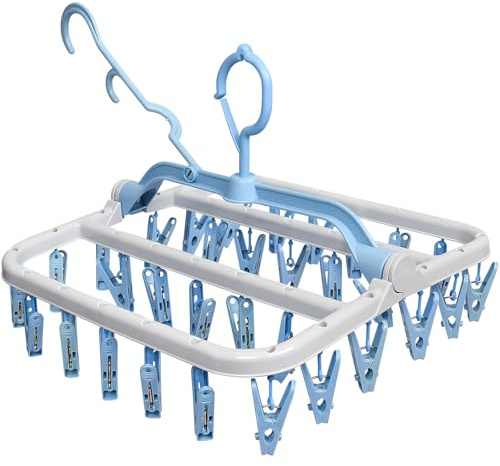 Newthinking Underwear Dryer Hanger, Sock Dryer with Pegs for Washing Line | Sock Hangers with 32 Clips and Windproof Hook for Drying, 360° Rotatable, PP Plastic, Sock, Underwear, Small Clothes, Blue