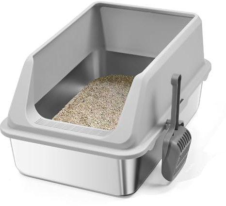 Edelstahl Katzentoilette mit Deckel XXL, 60x40x32cm Katzentoilettenhaus, 30L Halbgeschlossenes Katzenklo mit Kunststoffschaufel und 4 Lagen Matten, Auslaufsicher, für Katzen, Kätzchen, Kaninchen, grau