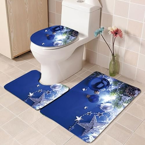 Bad Teppiche Set Dunkelblauer Ball Badezimmerteppich Waschbar WC Vorleger mit Ausschnitt und WC Deckelbezug 3 Teilig Badematte rutschfest Toilettensitzbezug Badgarnitur 45x75 cm