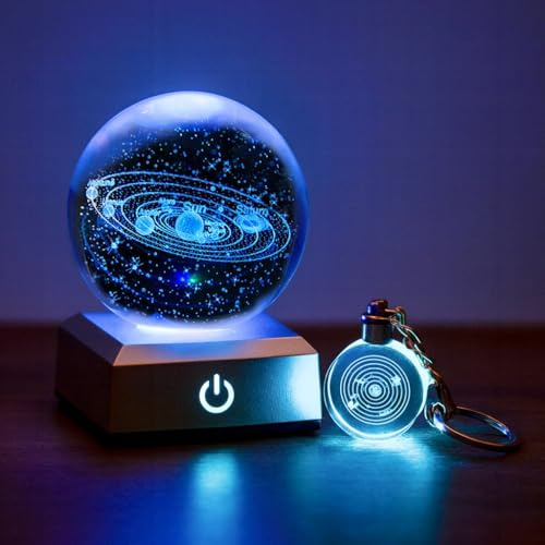 3D Solar System Crystal Ball Night Light with Free Light Up Key Chain, 8cm Colour Changing LED Galaxy Globe Nightlight with RGB Touch Control, Space Themed Bedroom Light, Unique Astronomy Gift