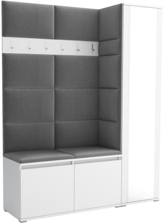 Brent - Garderobenschrank Flur Weiß mit sitzbank 145 cm Breit Luton 7 - Multifunktionale Flurgarderobe Set mit Stauraum und Wandpaneel, Garderobe mit Sitzfläche und Kleiderhaken