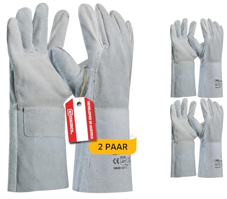 Gebol Lightning, 2 Paar Arbeitshandschuhe Herren aus Rindspaltleder, Schweißer-Schutzhandschuhe mit 35cm langer Stulpe, ideal für Werkstatt & Schlosserei, Gr. XL (Gr.10), Grau