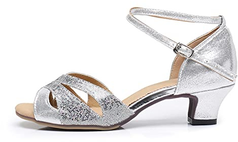Momolaa Women Latin Salsa Dance Sandals Shoes Suede Sole Open Toe T-Strap Ballroom Satin Professional Ballroom Salsa Practice Performance Dance Shoes,3.5cm/1.38 Clearance Size 5.5#04_Silver