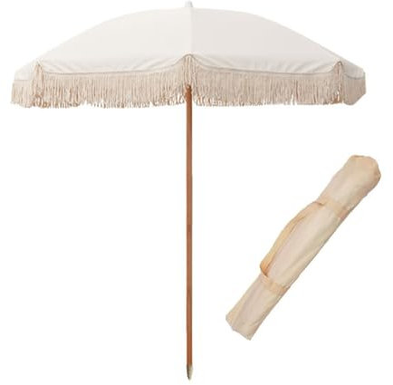 KXWOQ3ED Weißer Gartenschirm mit Fransen, Tragbarer Boho Tassel Strand Sonnenschirm, Outdoor Patio Markt Tischschirm, UV Schutz Wasserdicht