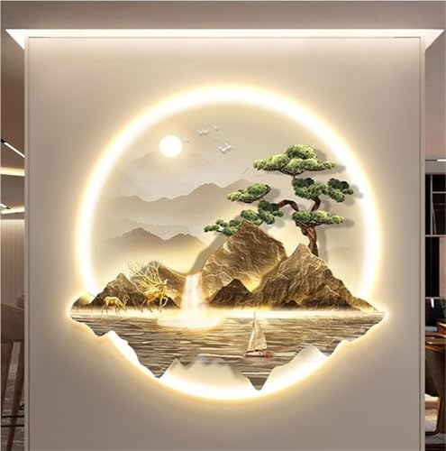 3D LED Wandkunst, Beleuchtete Berg- und Wasserszene, Runde Landschaftsmalerei für Schlafzimmer, Wohnzimmer, Wanddekoration als Akzent für Flur
