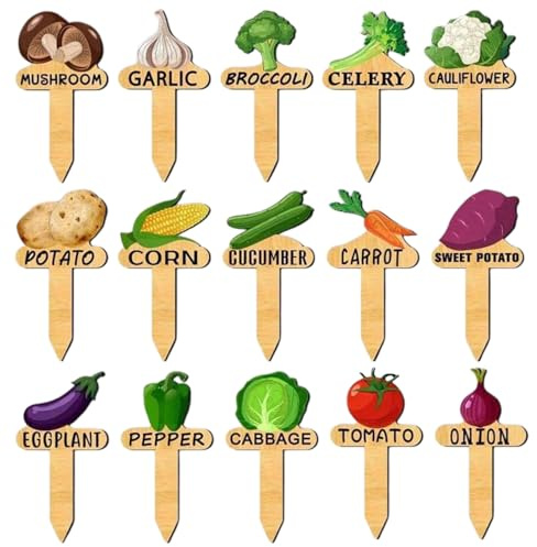 Plant Signs, Pack of 15 Garden Markers, Plant Labels and Labelling Aids, Wooden Greenhouse Accessories for Vegetable Labelling for Raised Bed, Indoor and Outdoor Use
