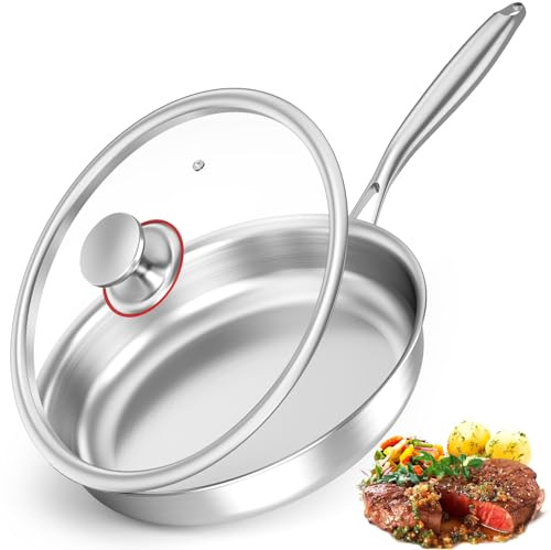 BugyKido Stainless Steel Frying Pan, 30cm Saute Pan with lid, Premium 3-Ply Stainless Steel, Coating-Free and PFOA-Free, Suitable for All Stovetops, Dishwasher and Oven