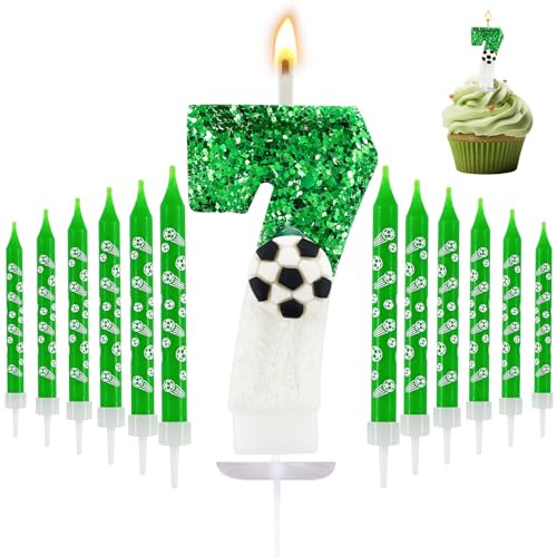 13X Vela temática de fútbol,Velas Cumpleaños Números 7,3D Fútbol Verde Vela