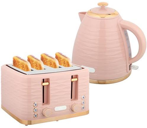 HOMCOM Kettle and Toaster Sets, 3000W 1.7L Rapid Boil Kettle & 4 Slice Toaster with 7 Browning Controls, Defrost, Reheat and Crumb Tray, UK Otter Thermostat, Light Pink