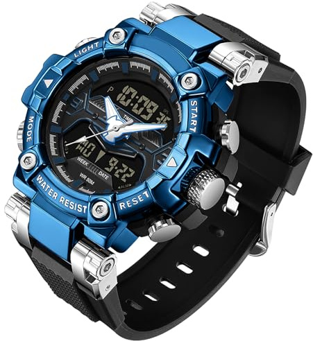 findtime Orologio digitale da uomo, analogico, per uomini, con doppio display, nero, resistente agli urti, con cronometro, illuminazione a LED, sveglia, visualizzazione della data, blu/nero, cinghia