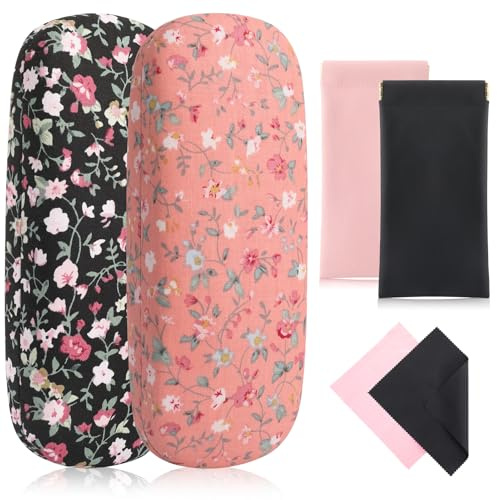 ViEinkaufen 2Pcs Hard Shell Glasses Case, 2Pcs PU Leather Eyeglasses Case | Floral Protective Spectacle Cases with Cleaning Cloths for Sunglasses/Reading Glasses