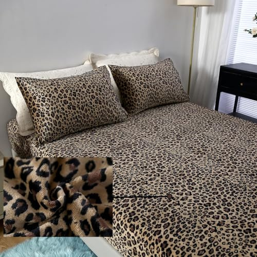 MAG 3Pcs Cheetah Fleece Fitted Sheet Queen Size, Super Cute Fluffy Warm Leopard Print Decor Bottom Sheets,included1*Fitted Sheet and 2*Pillowcases.