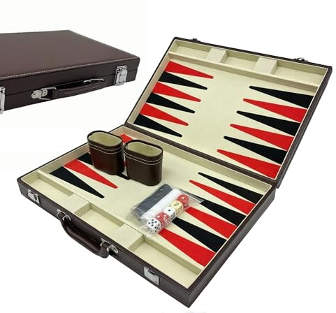 Relaxdays Backgammon Koffer, mit Zubehör, HxBxT: 5,5 x 36 x 23,5 cm, Elegante Lederoptik, Brettspiel, Würfelspiel, braun