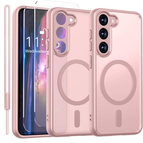 ColasGalys für Matt Samsung Galaxy S25 Hülle Kompatibel mit Mag Safe für Handyhülle Samsung S25 Hülle Magnetisch mit 2 Schutzfolie 1 Lanyard Kameraschutz Stoßfest Transluzente PC Rückseite rosa