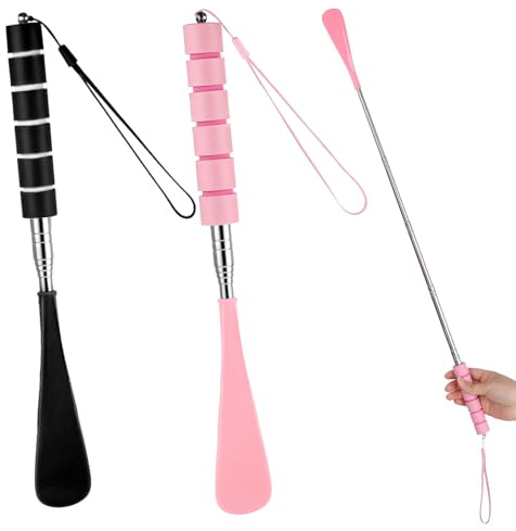 Ymapinc 2 Pack Shoe Horn Long Handle, Retractable Foldable Shoehorn for Seniors/Pregnant Women, Extended Boot Horn for Cowboy Boots, Stainless Steel Travel Shoe Helper (Black/Pink)