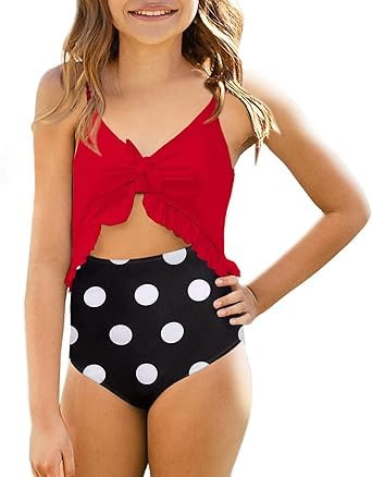 Haloumoning Traje de baño de una pieza para niñas, traje de baño con volantes, diseño floral, de secado rápido, rojo, 11-12 años