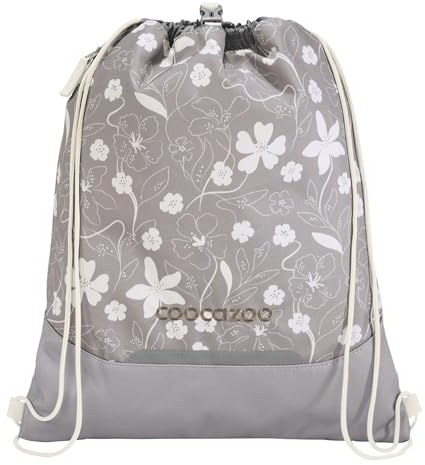 Coocazoo Turnbeutel „Vanilla Bloom”, grau, mit Reißverschlussfach und Kordelzug, reflektierende Elemente, Schnalle zur Befestigung am Schulrucksack, 10 Liter, ab der 3. Klasse