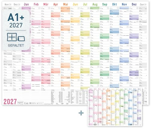 Häfft® XXL Wandkalender 2027 groß A1+ quer Rainbow | Ferien & Feiertage für DE, Jahreskalender (89 x 63 cm) gefalzt, Wandplaner für 15 Monate mit extra A4-Jahresübersicht
