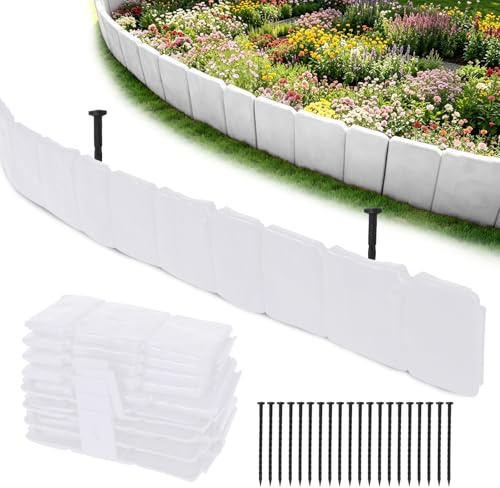 Bordura per Giardino 5m,Bordura per Aiuola in Plastica,Altezza 10cm,Bordo per Prato con 20 Ancore,Bordo Giardino Decorativa Facile da Installare,per Vialetti,Aiuole e Prati (Bianco)