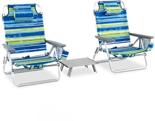FANTASK Strandstuhl Klappbar 2er Set mit Tisch, Campingstühle mit 5-Fach Verstellbarer Rückenlehne, Klappstuhl mit Kopfstütze, 2 Getränkhalter, Aufbewahrungstasche & Schultergurten (Blau + Grün)