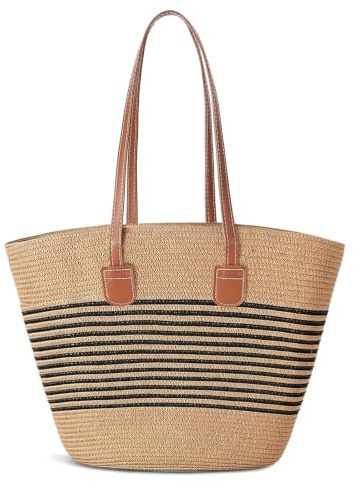 Aucuu Straw Beach Tote Bag Women, Straw Woven Beach Shoulder Bags, Handwoven Straw Handbag with Zipper, Straw Handbags for Women, Summer Beach Bag Tote Bag for Holiday Travel Pool Daily