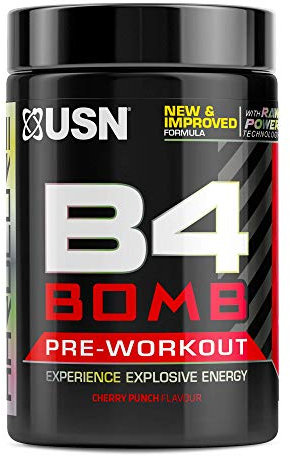 USN B4 Bomb Pre Workout Powder - 300g (20 Servings) Energy Drink Powder for Explosive Energy & Performance, 200mg Caffeine, 6000mg Citrulline, Creatine & 2000mg Beta Alanine - Cherry Flavour