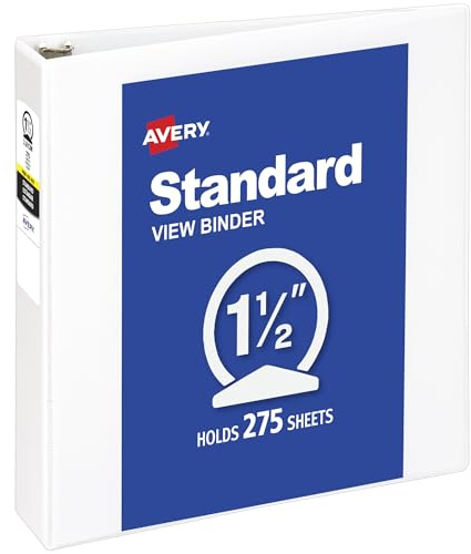 Avery Standard View 3 Ring Binder, 1.5 Round Rings, 275-Sheet Capacity, 2.1 Inch Wide Spine, 1 White Binder, Ideal for Lightweight Organization and Occasional Referencing (05726)
