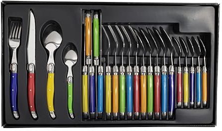 LAGUIOLE - Ménagère Multicolore, 24 Couverts - 6 Couteaux de Table + 6 Fourchettes + 6 Cuillères à Soupe + 6 Cuillères à Café - Acier Inoxydable et Pleine Soie - Coffret Vitrine en Bois