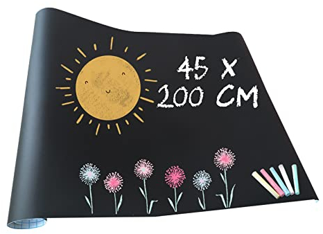 Sticker Tableau Noir Ardoise Mural | Papier Peint Adhésif 200 x 45 cm | 5 Craies de couleur effaçables GRATUITES | Autocollant Adhésif décoration