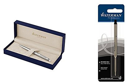 Waterman S0920470 Hémisphère-Kugelschreiber (Strichstärke M, edelstahlfarben mit Palladiumzierteilen, blaue Tinte) + Waterman S0944480 Kugelschreibermine (M) Tinte in schwarz