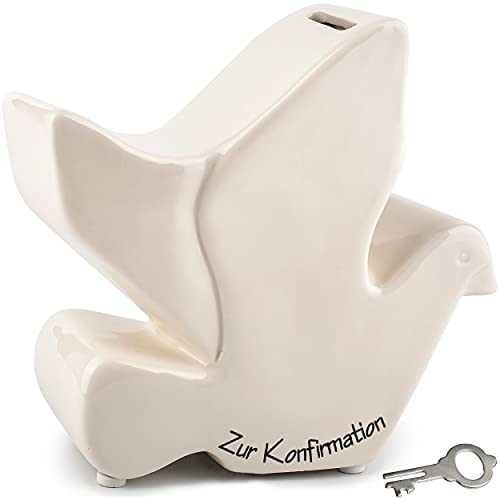alles-meine.de GmbH Spardose - Taube - Zur Konfirmation - mit Schlüssel & Schloss - weiß - stabile Sparbüchse aus Porzellan/Keramik - Sparschwein - ideal zum Bemalen & Bekl..