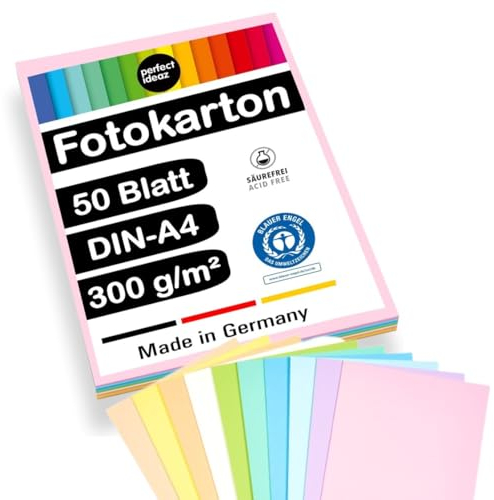 perfect ideaz - 50 Blatt Fotokarton DIN-A4, 10 Pastell-Farben, 300 g/m², Made in Germany, Blauer Engel zertifiziert