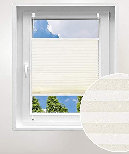 Laneetal Plissee ohne Bohren Klemmfix, Jalousie Faltrollo Crushed Optik, Creme 85 x 130 cm, mit Spannschue für Fenster und Tür, Easyfix klemmträger und verspannt, Sonnen-, Sicht- & Schallschutz