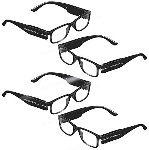 PEARL Brille mit Leselicht: 4er-Set Modische Lesehilfe mit integriertem LED-Leselicht, +3,0 dpt (Lesehilfen mit Beleuchtung, Nachtbrillen zum Lesen, Leselampe Bett)
