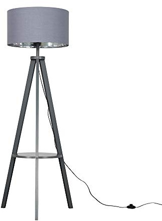 MiniSun | Modern Grey Wood Tripod Design Floor Lamp with Storage Shelf & Grey/Chrome Drum Shade - Complete with a 6w LED Bulb [3000K Warm White] | Floor Lamps & Home Improvements Essential