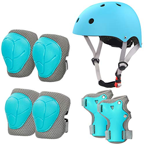 LANOVAGEAR Casque Vélo Enfant Sets de Protection Enfant de 2-8 Ans Ajustable Genouillères Coudières Protège-Poignets pour Velo Skateboard Rollers Skate Trottinette (Glace Bleue, S)